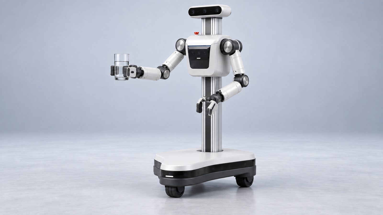 Concept render of the RoviPro care humanoid, a wheeled upper-body robot with two arms, holding a glass of water