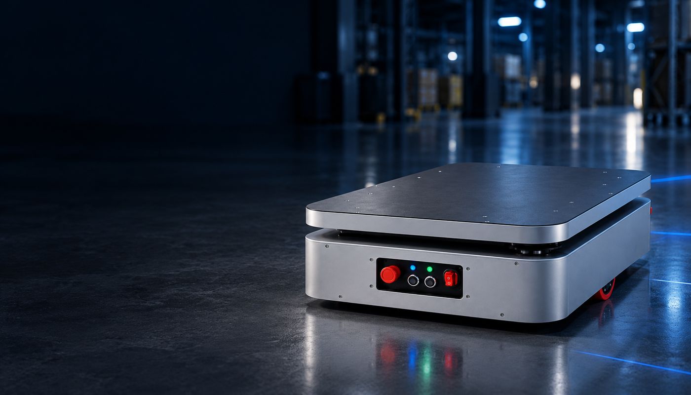 Rovi series autonomous mobile robot on a warehouse floor (visualisation)