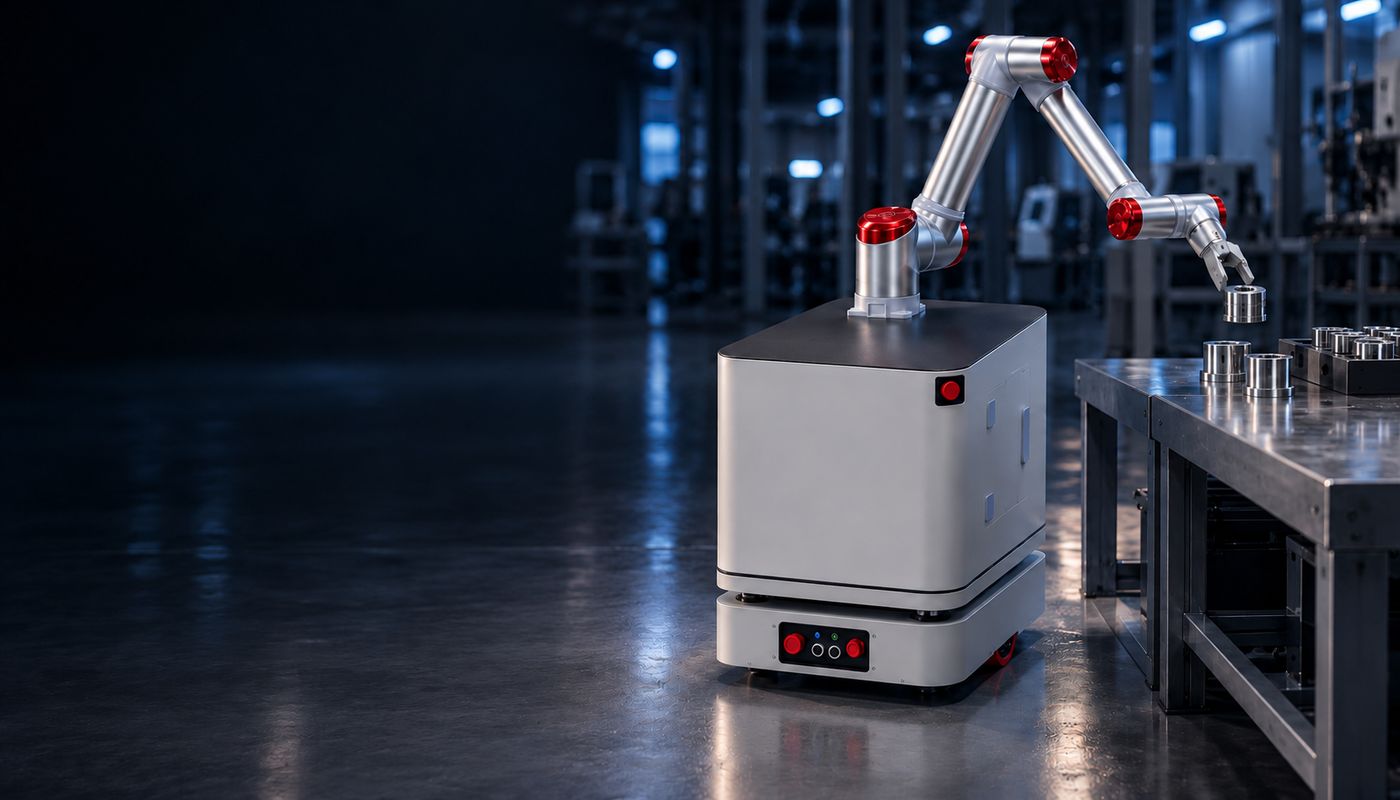 Rovi MM mobile manipulator picking parts at a workbench (visualisation)