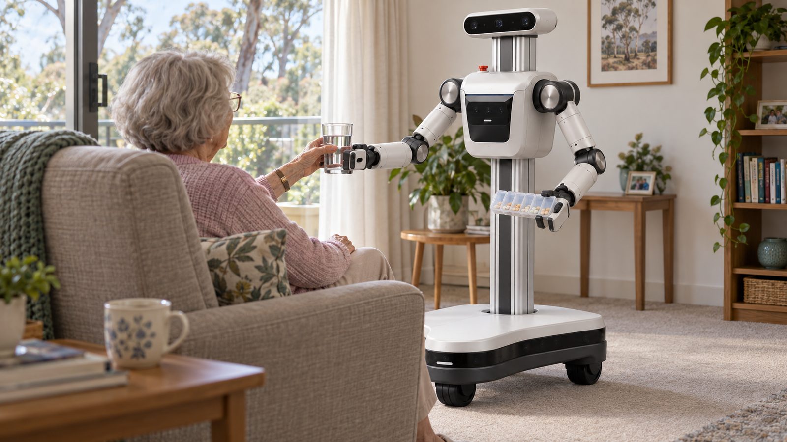 Concept render: the care humanoid handing a glass of water to an older woman in a living room