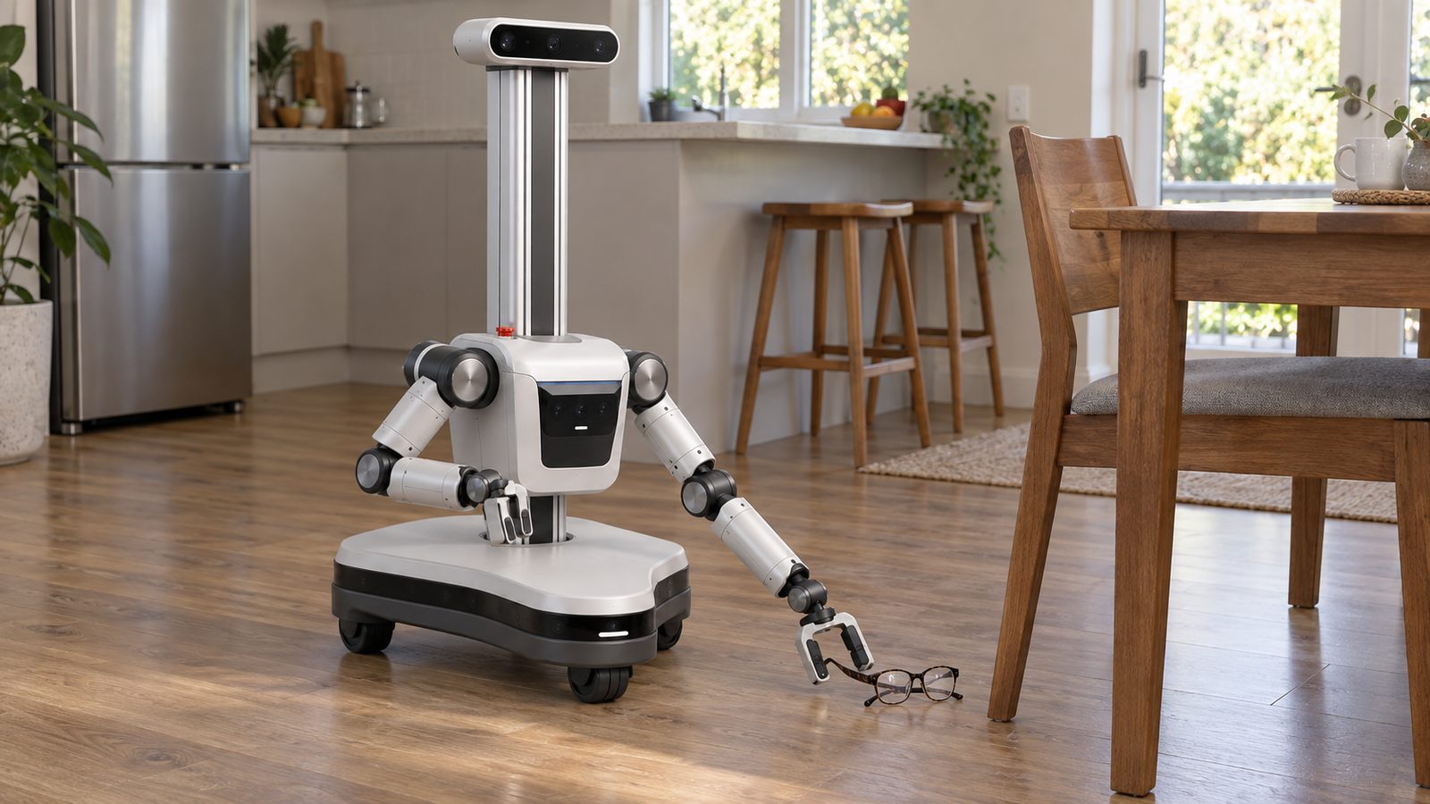 Concept render: the care humanoid picking up glasses from the floor