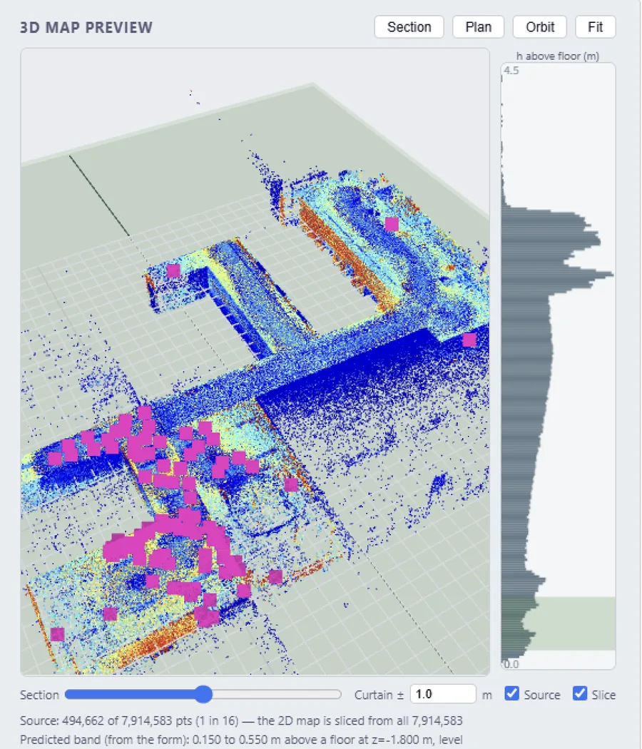 3D point-cloud map of an indoor site built by AgentDrive