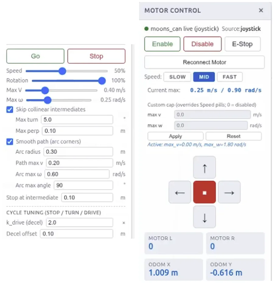 AgentDrive motor control and path tuning panels
